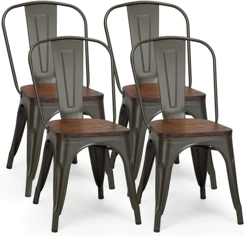 Miniatura 13 de COSTWAY Tolix - Sillas de comedor estilo industrial, apilables, de metal, con asiento de madera, juego de 4 (color blanco y marrón)
