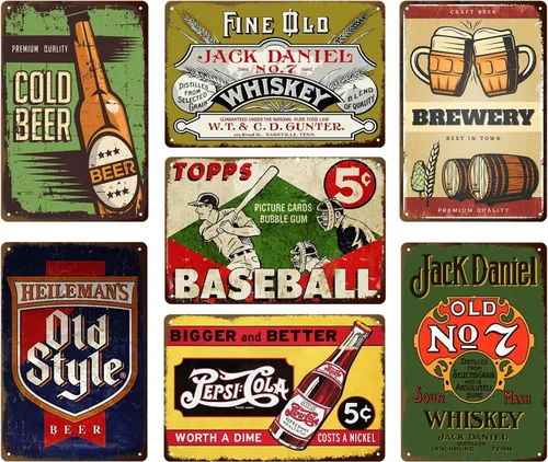 Paquete de 7 carteles de cerveza vintage, decoración de pared de barra de metal retro para hombre, cueva, hogar, garaje, 8 x 12 pulgadas, para sala