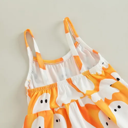 Miniatura 3 de Traje de Halloween para niña pequeña, con estampado de fantasmacalabaza, sin mangas, overol de una pieza