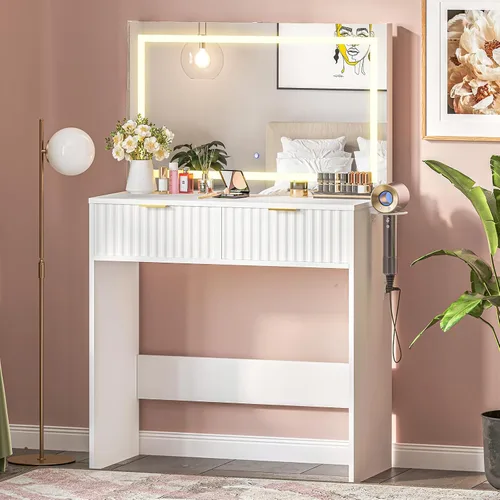 Miniatura 6 de Escritorio estriado con espejo y luces, tocador de maquillaje con 2 cajones, 3 modos de iluminación de brillo ajustable, tocador para dormitorio