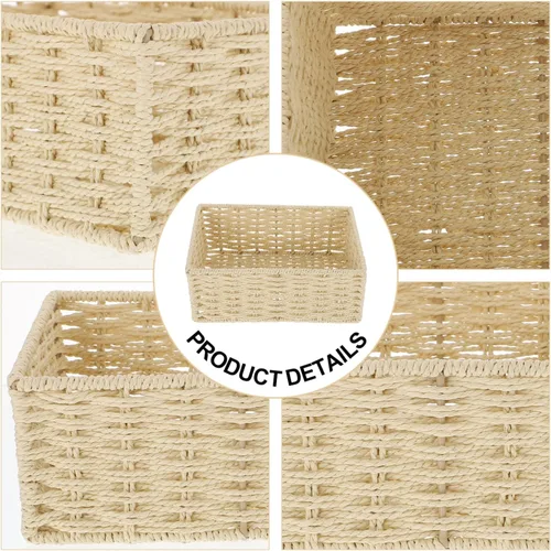 Miniatura 2 de VOSAREA Cesta de almacenamiento de ratán con tapa, cuerda de papel, organizador de escritorio, cesta de mimbre para dormitorio, organizador