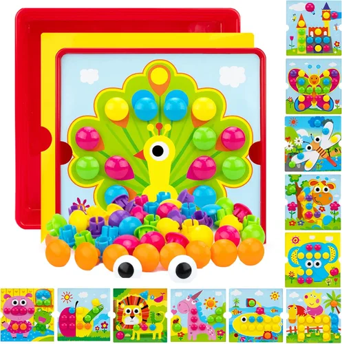 Miniatura 10 de AluAbi Large Button Art Toys for Toddlers, 10'' x 10'' Color Matching Mosaic Pegboard with 12 Pictures and 46 Buttons, Early Educational Toys for 3