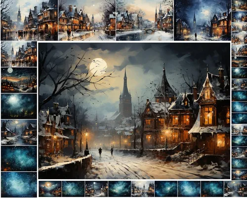 Decoupage - Paquete de papel (35 hojas de 6 x 8 pulgadas), aldeas victorianas frías de invierno y cielos nocturnos increíbles, Navidad, FLONZ,