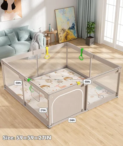Miniatura 2 de Mloong Corralito para bebés con alfombrilla – 59 x 59 pulgadas corralito extra grande para bebés y niños pequeños, centro de actividades
