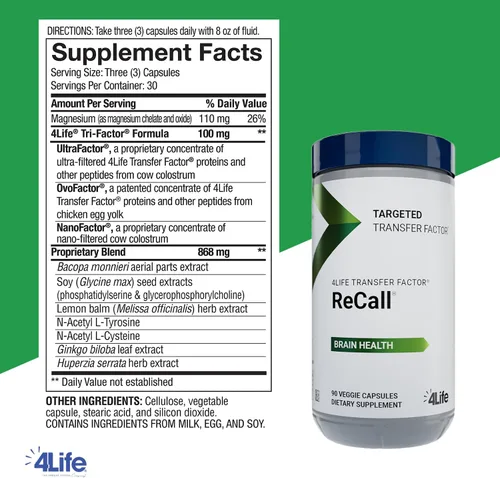 Miniatura 2 de 4Life Transfer Factor ReCall - Con Ginkgo Biloba, Bacopa Monnieri, Huperzia Serrata, bálsamo de limón, magnesio para memoria y claridad cognitiva