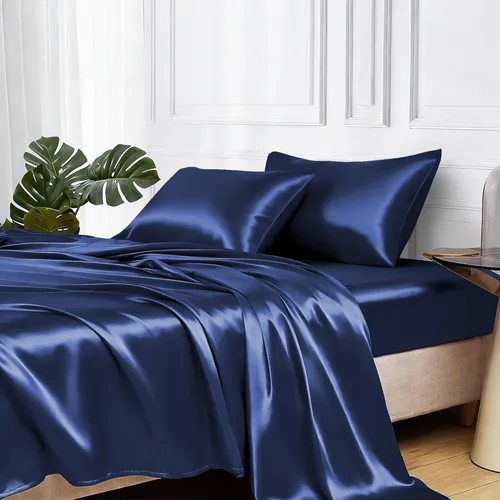 Miniatura 9 de MR&HM Sábanas de satén para cama de tamaño King, juego de 4 piezas de ropa de cama sedosa con bolsillo profundo de 15 pulgadas para colchón