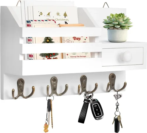 Miniatura 11 de Soporte para llaves de pared, organizador de correo adhesivo de madera y llaves con cajón, estante pequeño, 8 ganchos, 2 métodos de instalación
