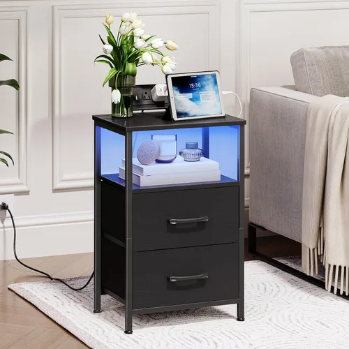 Miniatura 5 de HOOBRO Mesita de noche con estación de carga, mesita de noche con luces LED y 2 cajones de tela, mesa auxiliar con 2 salidas de CA y puerto USB