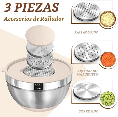 Miniatura 3 de Umite Chef, juego de 8 cuencos para mezclar con tapas herméticas, cuencos anidados de acero inoxidable color caqui con accesorios para rallar
