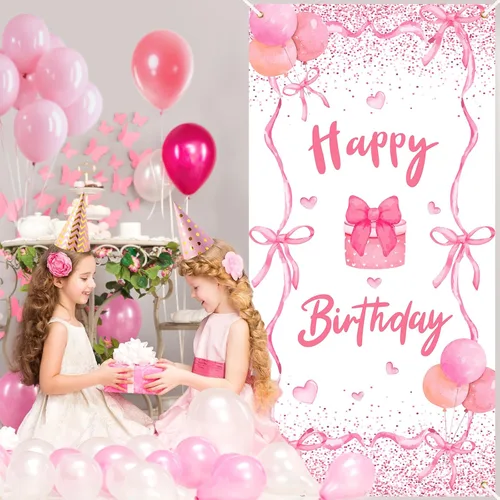 Miniatura 5 de Cartel de puerta de cumpleaños con lazo rosa para decoración de fiesta de cumpleaños con lazo rosa, cubierta de puerta de cumpleaños, pancarta