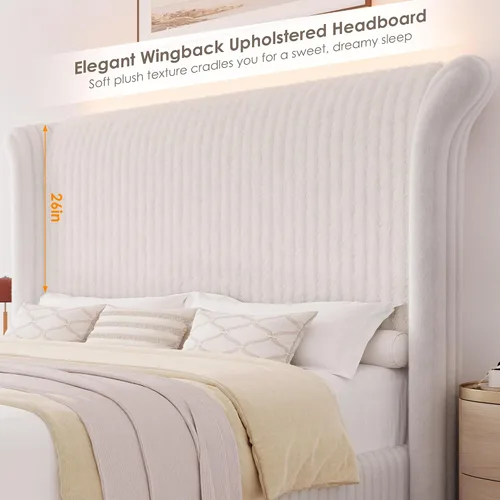 Miniatura 5 de Keyluv Marco de Cama Queen con Cabecera Alta Tipo Ala de Piel Sintética de 54", Cama Plataforma Tapizada con Luz LED, Base de Colchón con Soporte