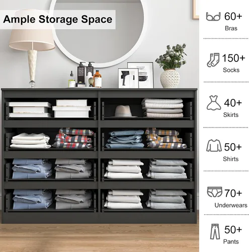 Miniatura 7 de Vibe & Dine Cómoda doble de 8 cajones, cómoda de madera moderna con amplio almacenamiento para armario, dormitorio, sala de estar, color negro