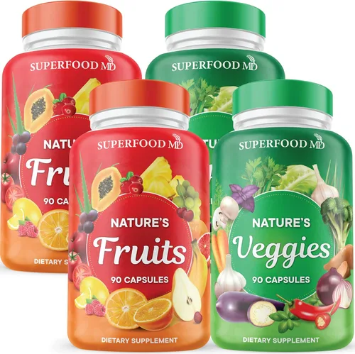 Superfood 180 Cápsulas de Frutas y 180 Cápsulas de Verduras - Superalimentos Naturales de Alimentos Integrales - Mantiene los Niveles de Energía,