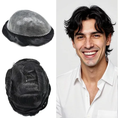 Miniatura 20 de Toupee para hombres Sistema de reemplazo de cabello humano Full Poly Mens Toupee Hairpiece inyectado PU peluca para hombre sistemas de cabello 1B#