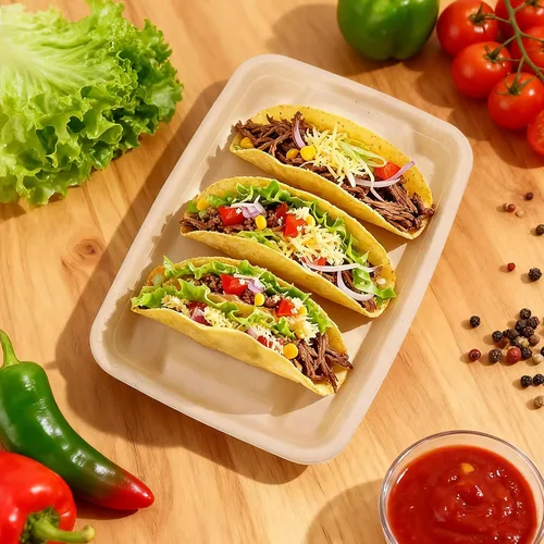 Miniatura 6 de 24 soportes desechables para tacos con 100 forros y 100 guantes, platos de tacos de fibra natural resistentes, bandejas de tacos de 3 compartimentos