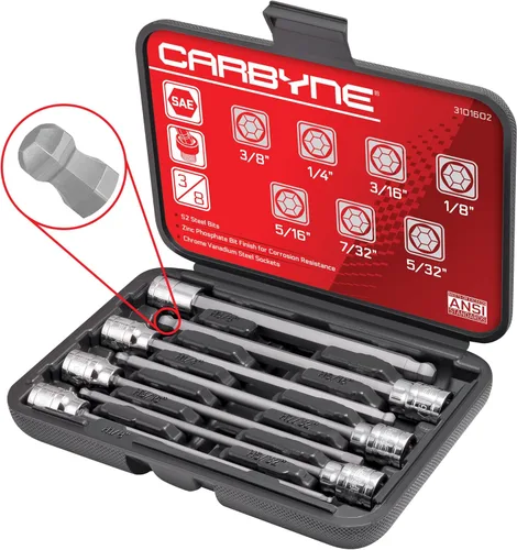 Miniatura 8 de CARBYNE Juego de llaves Torx extra largas de 7 piezas, T10 a T40, 3/8 pulgadas, brocas de acero S2, enchufes CrV, fosfato de zinc, 6.1 pulgadas