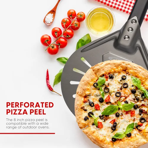 Miniatura 7 de TKC Pela de pizza perforada de 8 pulgadas – Pela profesional de aluminio para pizza – Espátula de pizza de metal de mango largo para interiores