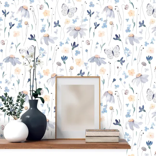 Miniatura 2 de CRE8TIVE Papel tapiz floral de acuarela para despegar y pegar, 24 x 118 pulgadas, diseño de mariposas amarillas/azules, para dormitorio, mural
