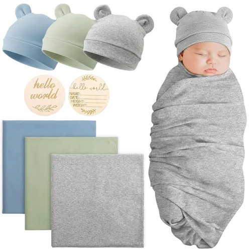 Miniatura 15 de DRESHOW BQUBO - Conjunto de gorro de algodón para bebé, manta para recién nacido, con orejas de oso, tarjeta de anuncio de nacimiento de madera