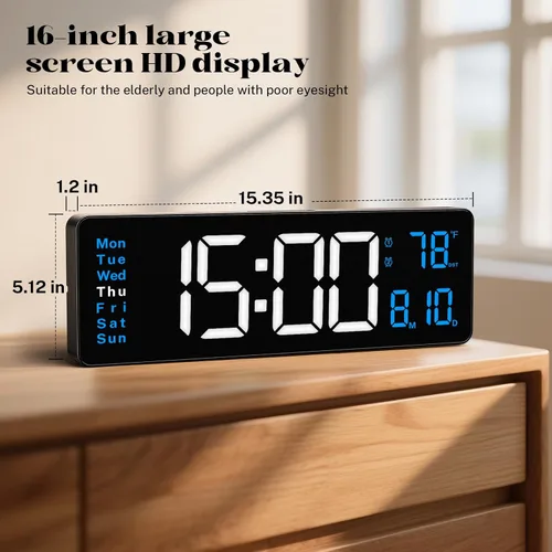 Miniatura 8 de Relojes Digitales de Pared, Pantalla Grande de 16 Pulgadas, Reloj Digital para Aula con Control Remoto, Fecha, Semana, Alarma, Temperatura, Luz