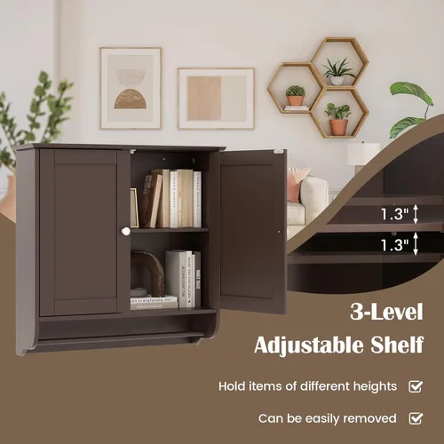 Miniatura 4 de COSTWAY Armario de baño montado en la pared, armario de almacenamiento sobre el inodoro con toallero, 2 puertas y estante ajustable, gabinete
