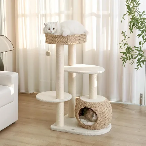 Miniatura 7 de KAMABOKO Árbol Moderno para Gatos, 53" de Alto, Árboles para Gatos de Interior con Postes Rascadores de Sisal Natural, Condominio Tejido a Mano