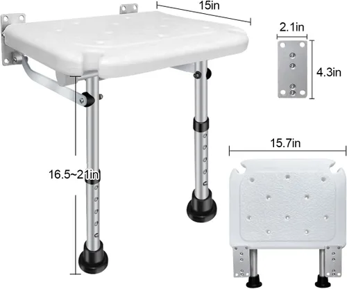 Miniatura 2 de Asiento de ducha plegable, altura ajustable, taburete de seguridad de baño montado en la pared con patas de apoyo antideslizantes y ranura