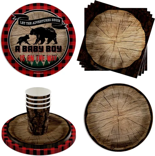 Miniatura 15 de Tree Lumberjack Outdoor - Juego de suministros para fiesta de cumpleaños, platos, servilletas, tazas, vajilla para 16