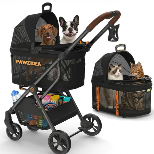 PAWZIDEA Carriola de Mascotas 4 en 1, Carriola para Gatos con Porta-mascotas Desmontable y Dosel Sin Cremallera, Jaula Portátil para Perros para