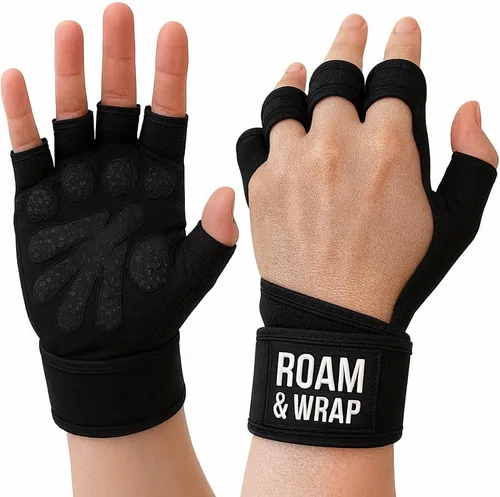 Roam & Wrap Guantes de levantamiento de pesas con muñequeras – Guantes de gimnasio extra acolchados y ventilados para hombres y mujeres – Ideal para
