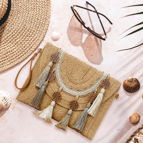 Miniatura 5 de YYW Bolso de paja con paja, bolso de hombro de paja para mujer, para verano, playa, crucero, sobre, embrague, bolsa de rafia