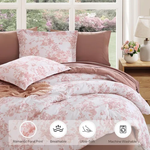 Miniatura 2 de BLOOMHAVEN Juego de edredón tamaño individual XL, juego de ropa de cama de 5 piezas con rosas florales para todas las estaciones, cama en una bolsa