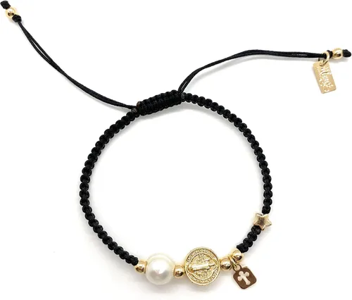 Miniatura 2 de Alea Collection Medalla protectora de San Benito con dijes sagrados de cuerda negra ajustable para mujer, Cuerda de algodón de lino, dije chapado