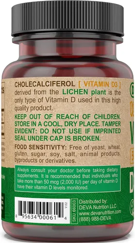 Miniatura 3 de DEVA Vitamina D3 5000 UI, suplemento de sol, 125 mcg de D3 vegano, botella de 90