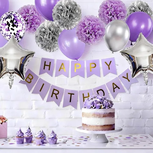 Miniatura 3 de Decoraciones de cumpleaños para niñas púrpura y plata Lavanda fiesta decoración Kit para ella mujer incluyendo feliz cumpleaños Banner pompón flor