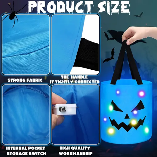 Miniatura 4 de Yaomiao 4 cubos de Halloween para trucos o golosinas para niños, bolsas de dulces de calabaza con luces LED, cestas de regalo reutilizables para Azul