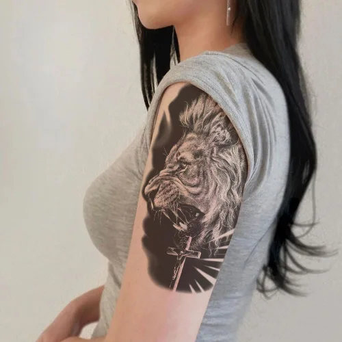 Miniatura 4 de 8 hojas de calcomanías temporales para tatuajes temporales de pierna de brazo de león del bosque, Jesús, cráneo, cráneo, rosa, corona de rosas