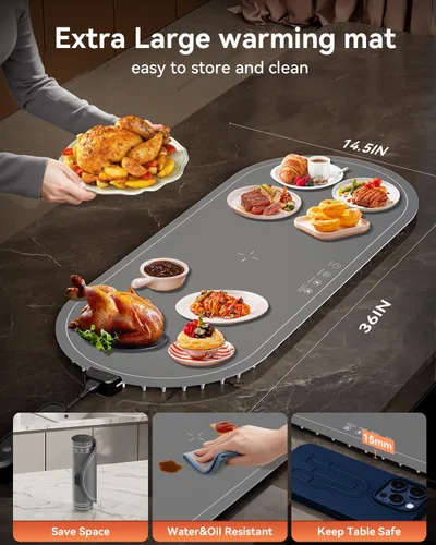 Miniatura 3 de Tapete de calentamiento para alimentos extra grande, 36 x 15 pulgadas, tapete de calentamiento de alimentos con almohadilla aislante de calor, Gris