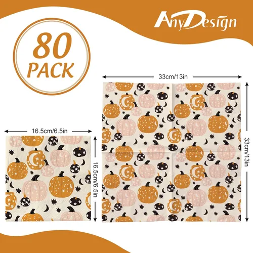 Miniatura 2 de AnyDesign Paquete de 80 servilletas de papel de otoño de 6.5 pulgadas, servilletas de calabaza naranja y rosa desechables, servilletas cuadradas
