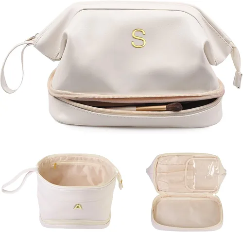 Miniatura 16 de Regalos para mujer, bolsa de maquillaje grande con inicial, artículos esenciales de viaje, bolsa de cosméticos personalizada de doble capa