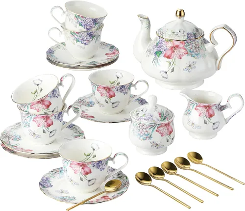 Miniatura 11 de Juego de taza y platillo de estilo europeo, 7 oz (aproximadamente 7.00 oz) de porcelana de hueso exquisita taza de té y platillo de platino