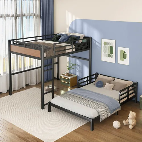 Miniatura 9 de Litera Twin XL sobre Twin XL, literas convertibles de metal que se pueden separar en cama alta y cama baja, estructura de cama resistente