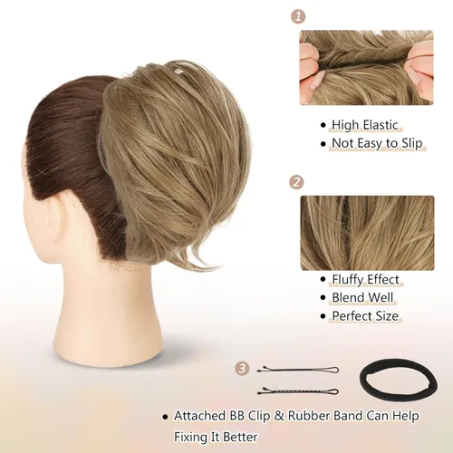 Miniatura 3 de BARSDAR Extensiones de Moño de Cabello Liso - Extensiones de Moño de Cola de Caballo Corta y Lisa para Mujeres, Coleteros de Moño de Cabello
