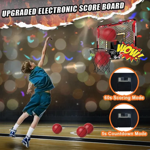Miniatura 2 de KIZJORYA Aro de Baloncesto para Interiores, Mini Aro de Baloncesto con Luz para Niños con Marcador Electrónico y 4 Pelotas, Tablero Plegable
