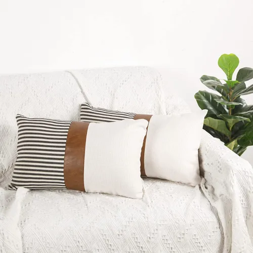 Miniatura 17 de Cygnus - Juego de 2 fundas de almohada de 16 x 16 pulgadas hechas de lino y de la unión de distintas telas con diseño de rayas para decoración Negro