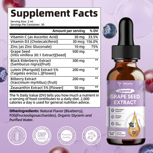 Miniatura 7 de Totaria Gotas líquidas de extracto de semilla de uva Suplemento antioxidante de polifenoles de alta potencia con 95 % para la piel, el corazón