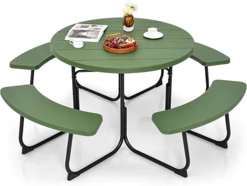 Miniatura 17 de Giantex Juego de mesa de picnic para 8 personas, mesa y banco al aire libre con agujero para paraguas, parte superior de polietileno de alta Verde