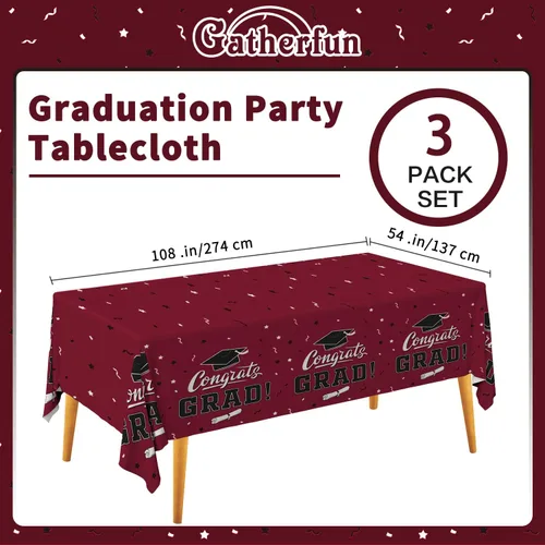 Miniatura 5 de Gatherfun Manteles de graduación, decoraciones de mesa de fiesta de graduación, impermeables, de plástico, rectangulares, desechables, para Rojo