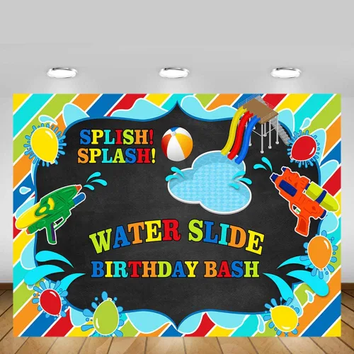 Miniatura 5 de MEHOFOND Tobogán acuático para niños, telón de fondo de fiesta de cumpleaños, salpicaduras, pizarrón, fiesta, verano, piscina, pistola, fondo
