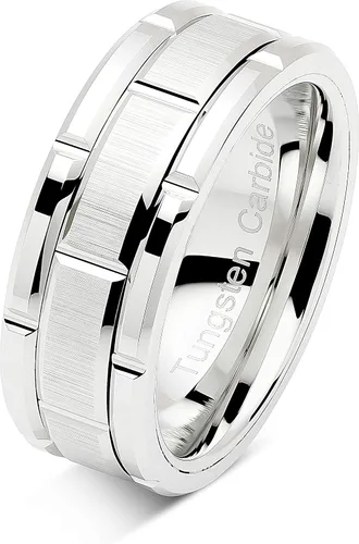Miniatura 2 de 100S JEWELRY Anillos de tungsteno para hombres, alianza de boda con patrón de ladrillo de oro blanco, chapado en rodio, talla 6-16, Metal